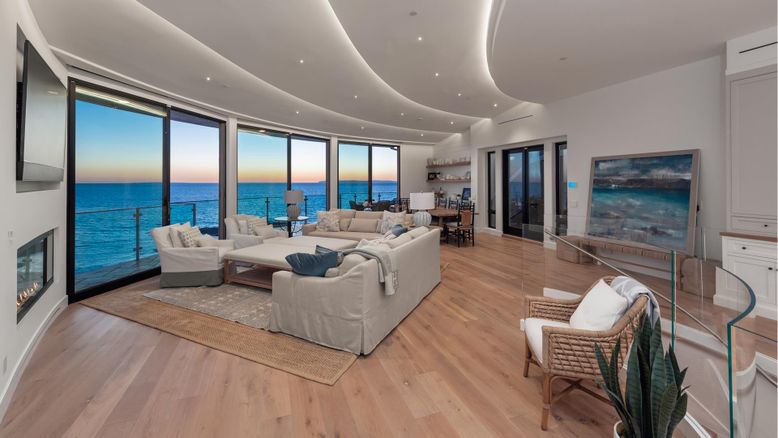 Fireplace, Interior, Living room, Recessed Lighting, Water, Wood Texture Flooring