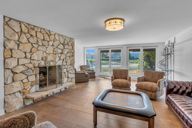 Fireplace, Interior, Living room, Stone Walls, Wood Texture Flooring