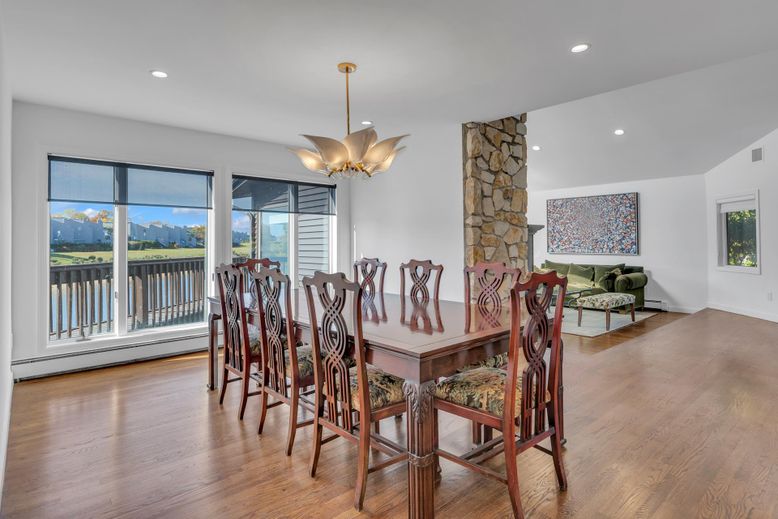 Dining room, Interior, Recessed Lighting, Stone Walls, Wood Texture Flooring