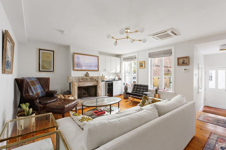 Fireplace, Interior, Living room, Pendant Lights, Wood Texture Flooring