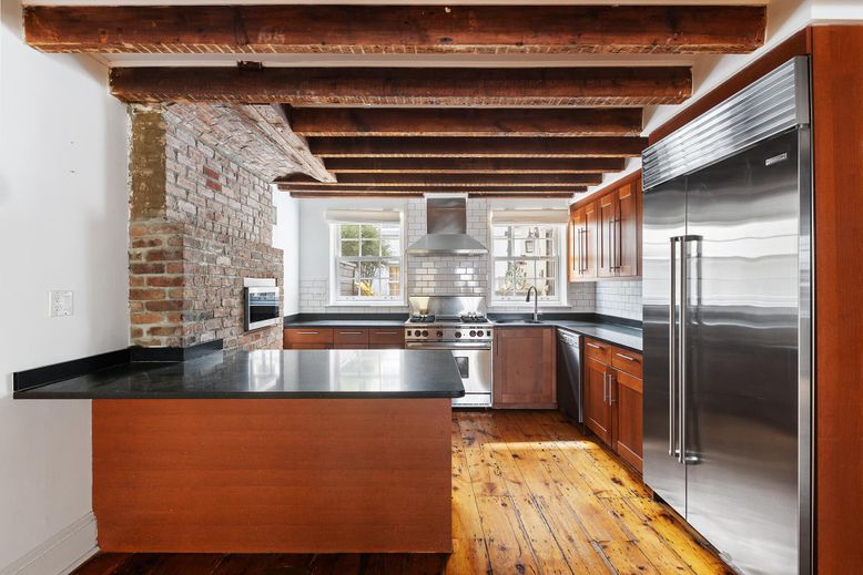 Interior, Kitchen, Stainless Steel Appliances, Stone Walls, Wooden Beams, Wood Texture Flooring