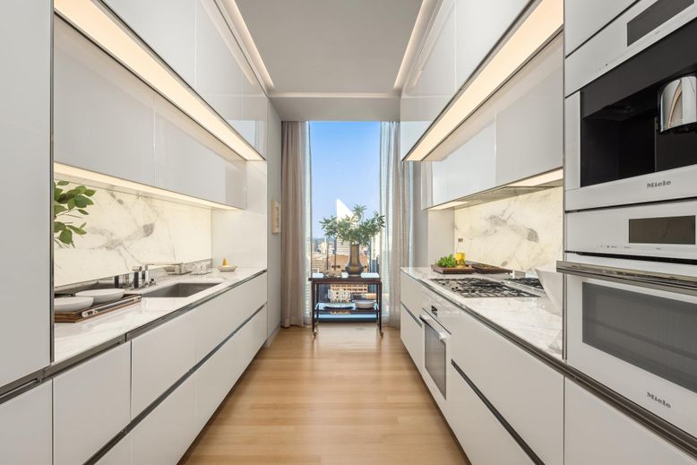 Interior, Kitchen, Marble Walls, Wood Texture Flooring