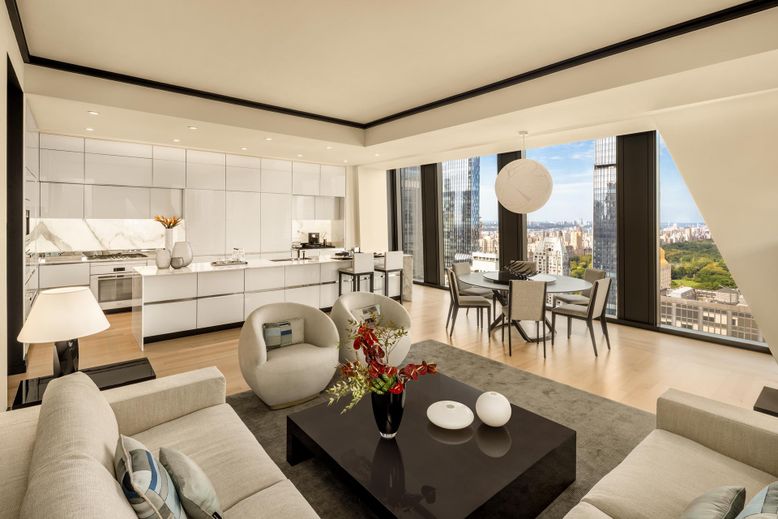 Dining room, Interior, Kitchen, Living room, Marble Walls, Pendant Lights, Recessed Lighting, Wood Texture Flooring