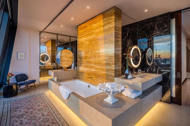 Bathroom, Dual Sink Vanities, Interior, Marble Walls, Recessed Lighting