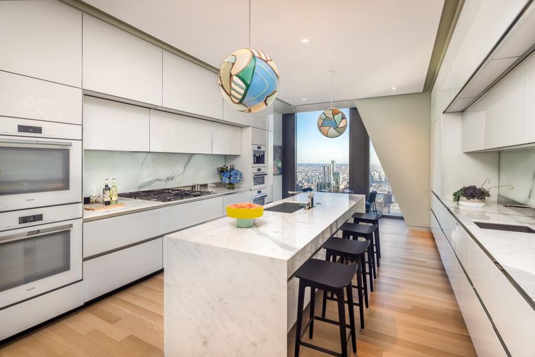Interior, Kitchen, Marble Walls, Pendant Lights, Recessed Lighting, Stainless Steel Appliances, Wood Texture Flooring