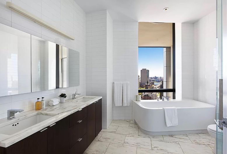 Bathroom, Dual Sink Vanities, Free Standing Baths, Interior, Marble, Recessed Lighting
