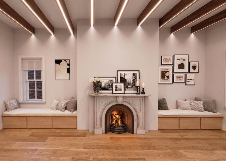 Fireplace, Interior, Wood Texture Flooring