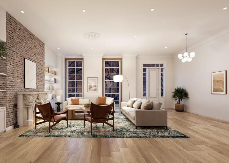 Fireplace, Interior, Living room, Pendant Lights, Recessed Lighting, Stone Walls, Wood Texture Flooring