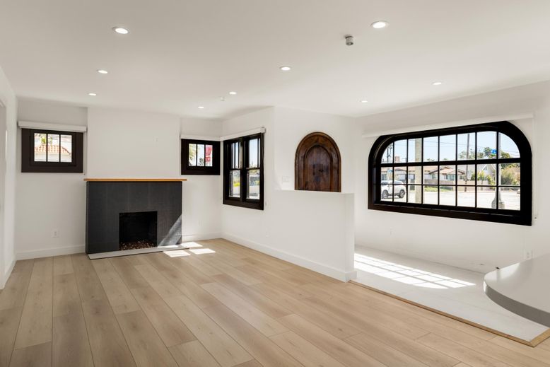 Empty room, Fireplace, Interior, Recessed Lighting, Wood Texture Flooring