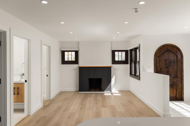 Empty room, Fireplace, Interior, Recessed Lighting, Wood Texture Flooring