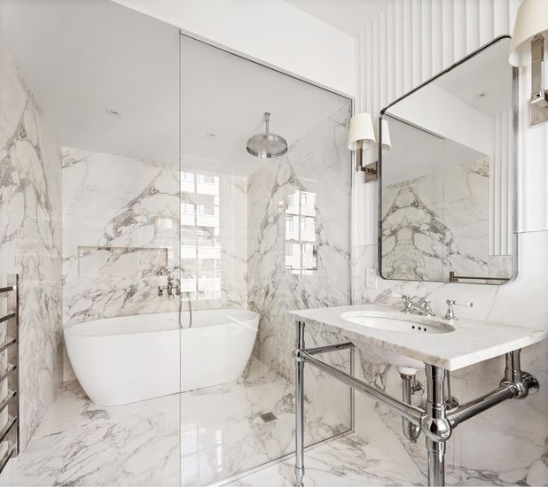 Bathroom, Free Standing Baths, Glass Shower, Interior, Marble, Marble Walls