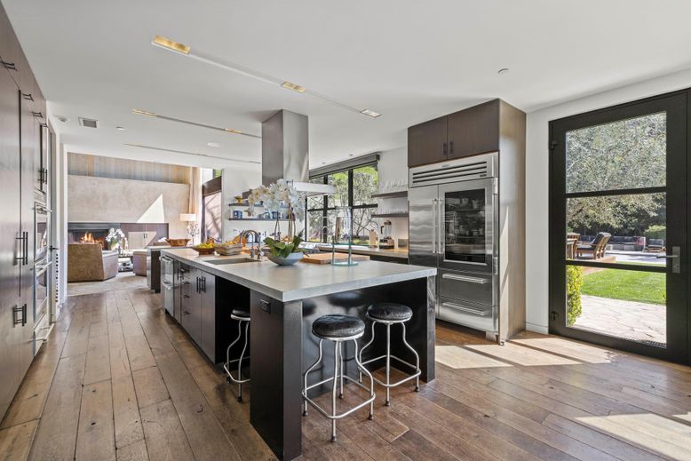 Fireplace, Interior, Kitchen, Recessed Lighting, Stainless Steel Appliances, Wood Texture Flooring