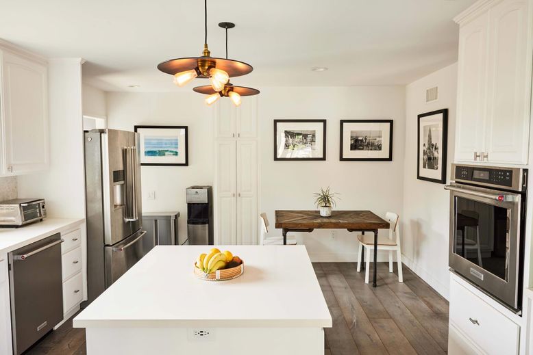 Dining room, Interior, Kitchen, Recessed Lighting, Stainless Steel Appliances, Wood Texture Flooring