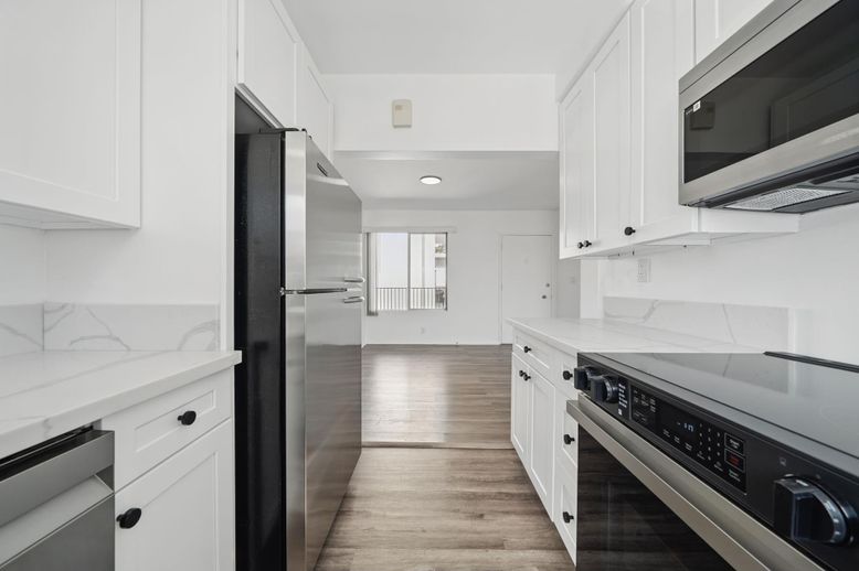 Interior, Kitchen, Marble Walls, Recessed Lighting, Stainless Steel Appliances, Wood Texture Flooring