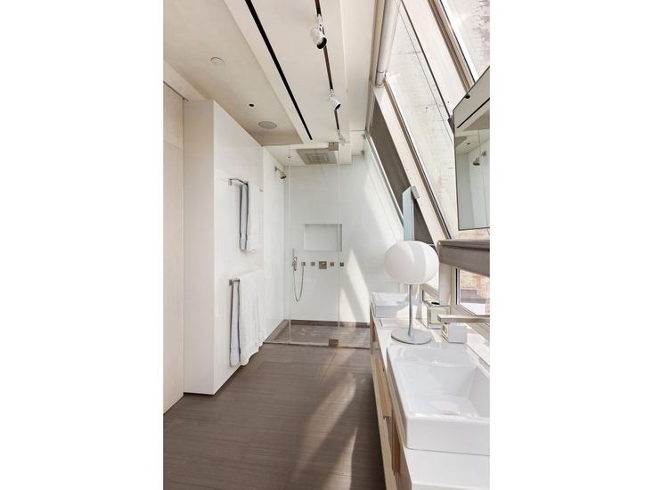 Bathroom, Dual Sink Vanities, Interior, Recessed Lighting, Wood Texture Flooring