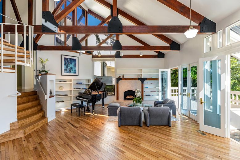 Fireplace, Interior, Living room, Pendant Lights, Piano, Wooden Beams, Wood Texture Flooring