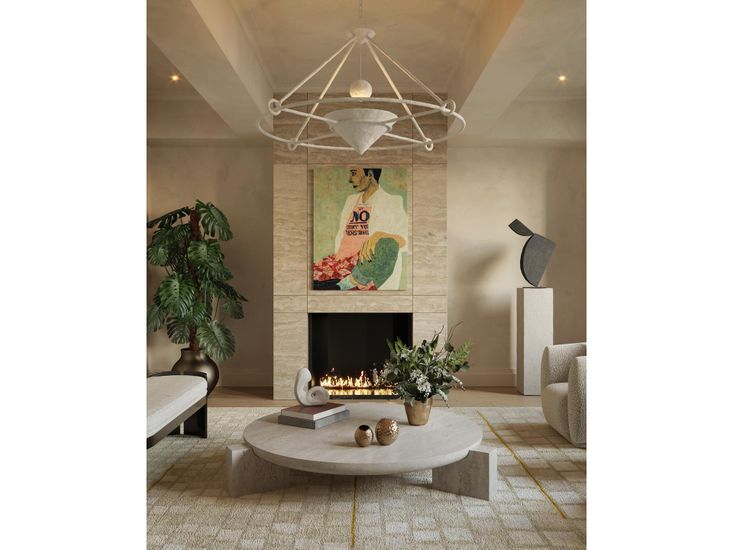 Fireplace, Interior, Living room, Pendant Lights, Recessed Lighting, Stone Walls