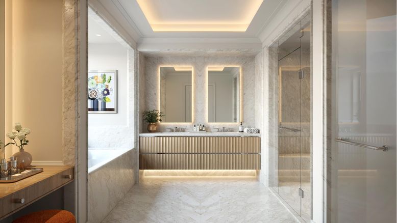 Bathroom, Glass Shower, Interior, Marble, Recessed Lighting