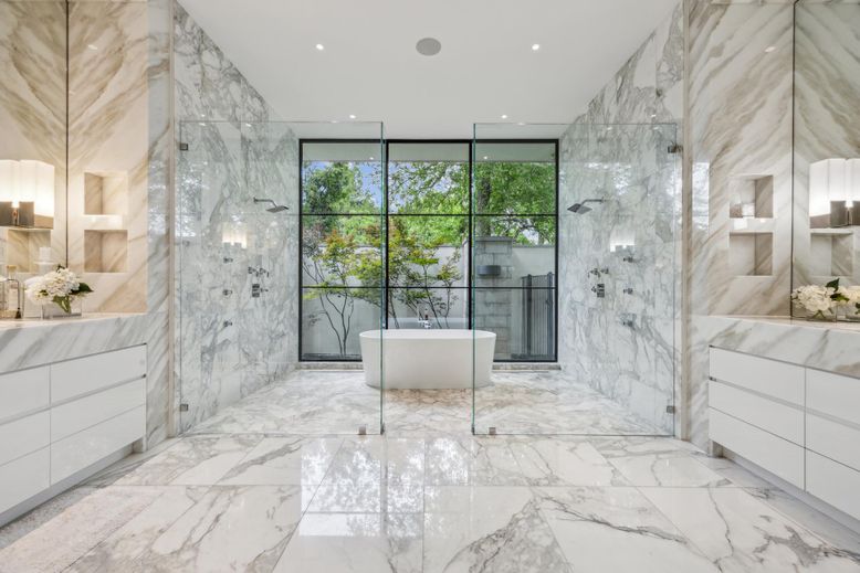 Bathroom, Free Standing Baths, Glass Shower, Interior, Marble, Marble Walls, Recessed Lighting