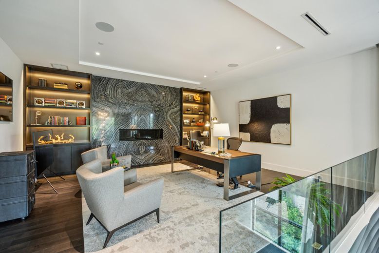 Fireplace, Home Office, Interior, Recessed Lighting, Wood Texture Flooring