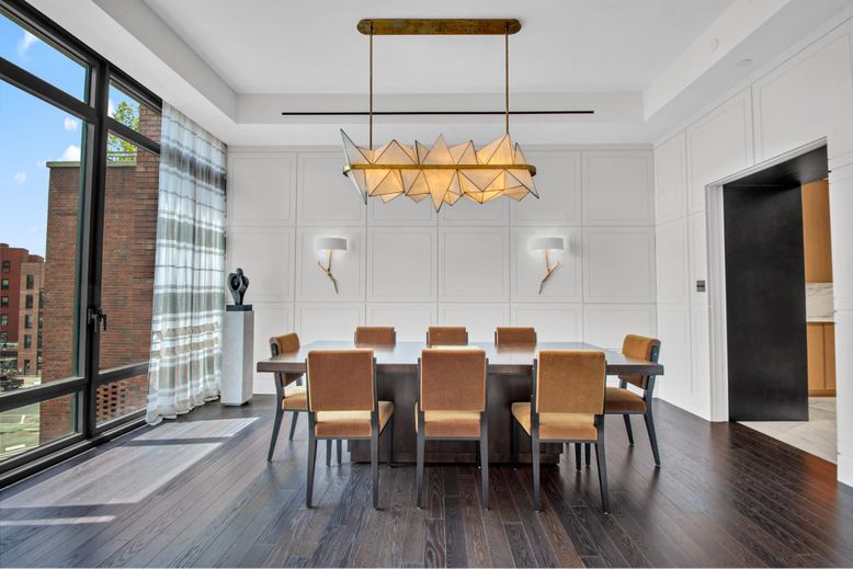 Dining room, Interior, Pendant Lights, Wood Texture Flooring