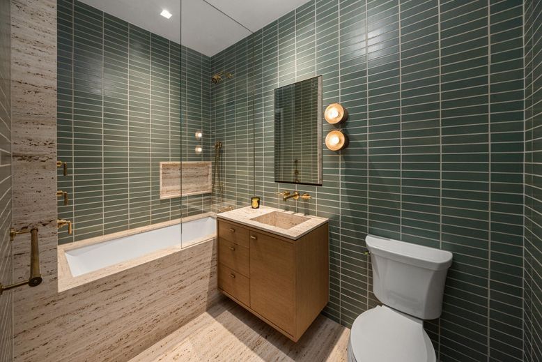 Bathroom, Glass Shower, Interior, Recessed Lighting, Wood Texture Flooring