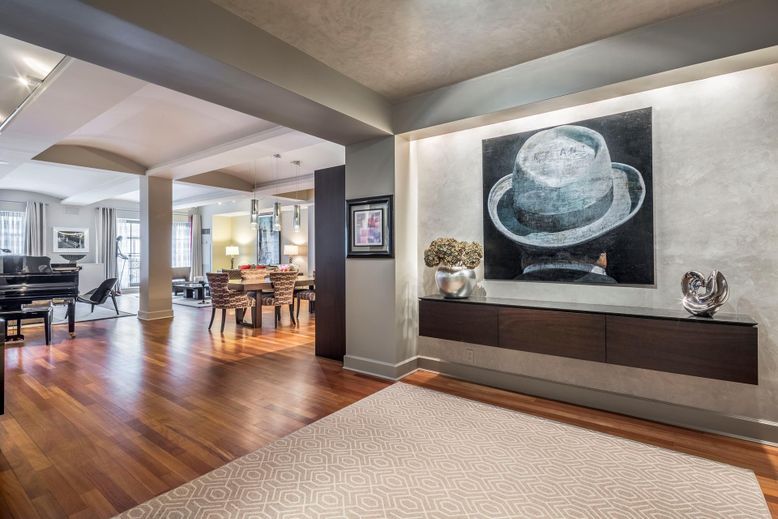 Dining room, Interior, Pendant Lights, Piano, Wood Texture Flooring