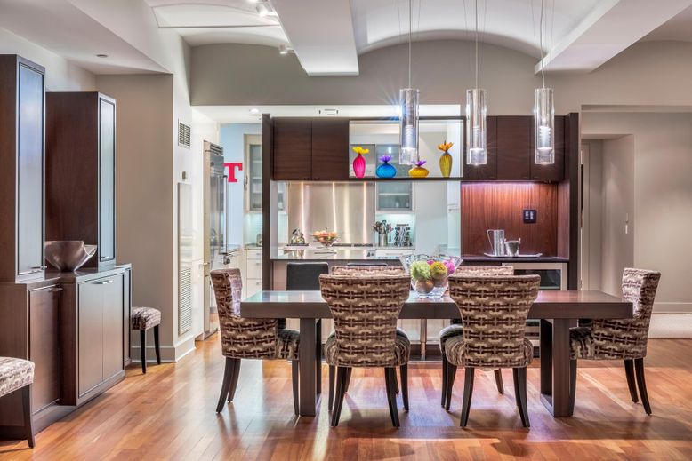 Dining room, Interior, Kitchen, Pendant Lights, Recessed Lighting, Wood Texture Flooring
