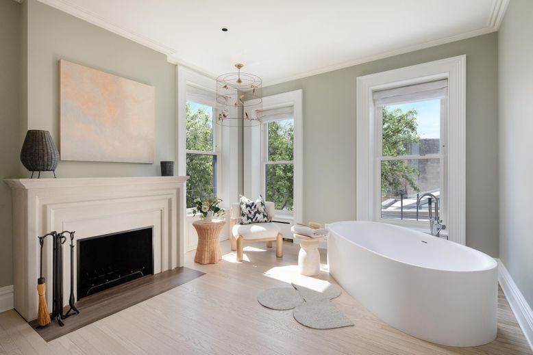 Bathroom, Chandelier, Fireplace, Free Standing Baths, Interior, Wood Texture Flooring