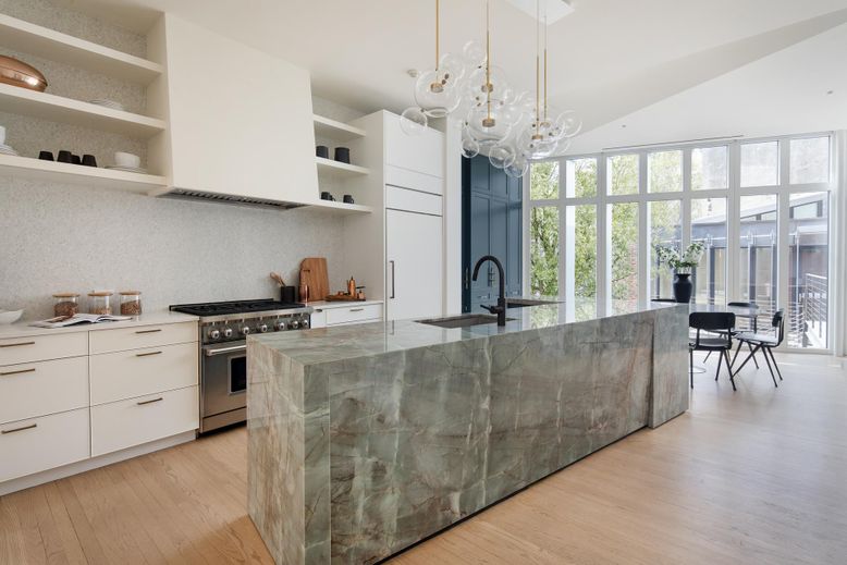 Chandelier, Dining room, Interior, Kitchen, Pendant Lights, Stainless Steel Appliances, Wood Texture Flooring