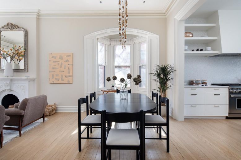 Dining room, Interior, Pendant Lights, Recessed Lighting, Wood Texture Flooring
