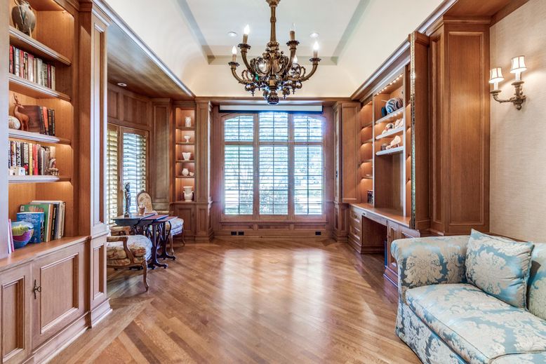 Chandelier, Home Office, Interior, Recessed Lighting, Wood Texture Flooring, Wooden Walls
