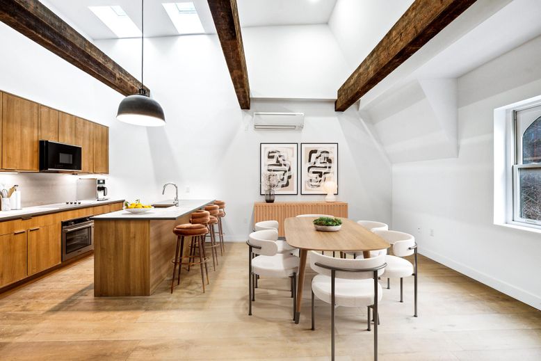 Dining room, Interior, Kitchen, Pendant Lights, Recessed Lighting, Stainless Steel Appliances, Wooden Beams, Wood Texture Flooring