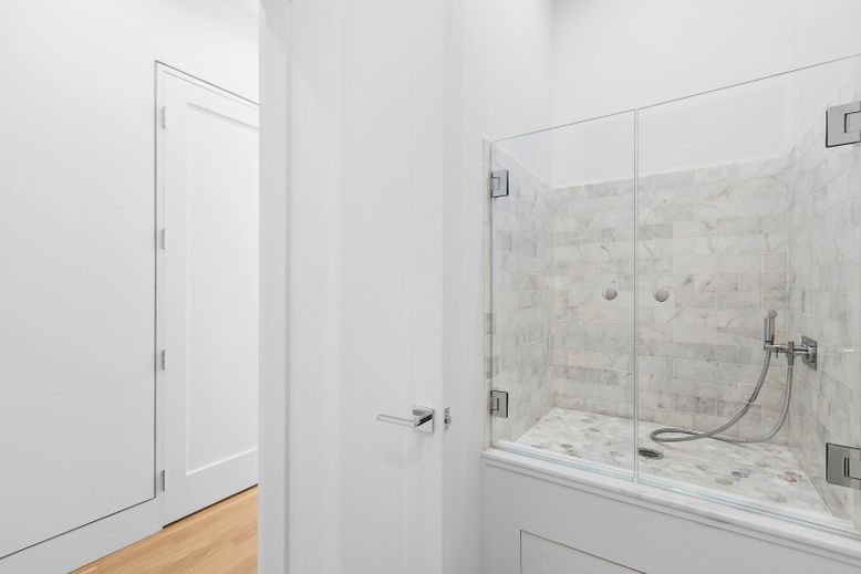 Bathroom, Glass Shower, Interior, Wood Texture Flooring