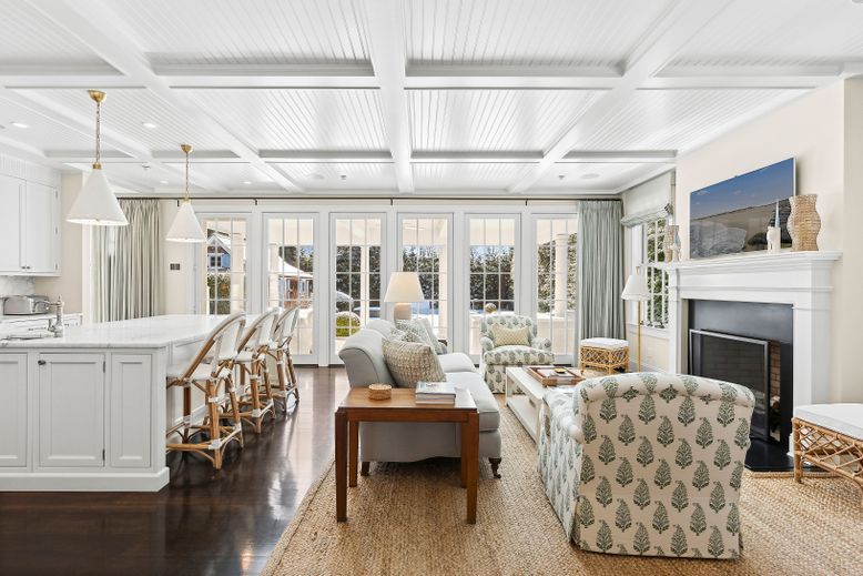 Fireplace, Interior, Kitchen, Living room, Pendant Lights, Recessed Lighting, Wood Texture Flooring