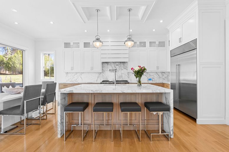 Interior, Kitchen, Marble Walls, Pendant Lights, Recessed Lighting, Stainless Steel Appliances, Wood Texture Flooring