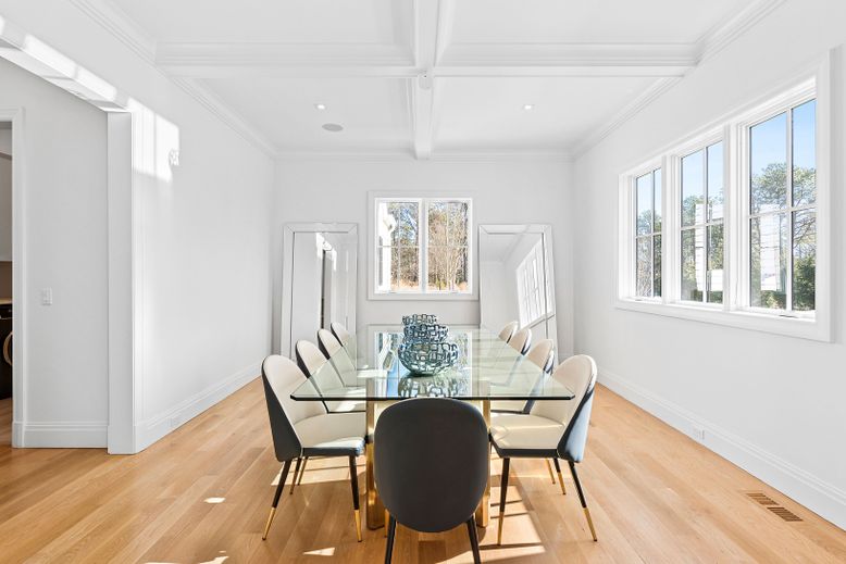Dining room, Interior, Recessed Lighting, Wood Texture Flooring