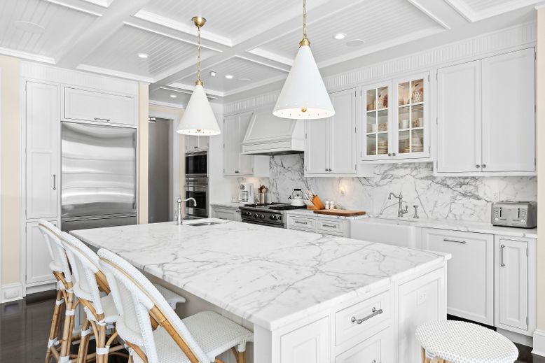 Interior, Kitchen, Marble Walls, Pendant Lights, Recessed Lighting, Stainless Steel Appliances