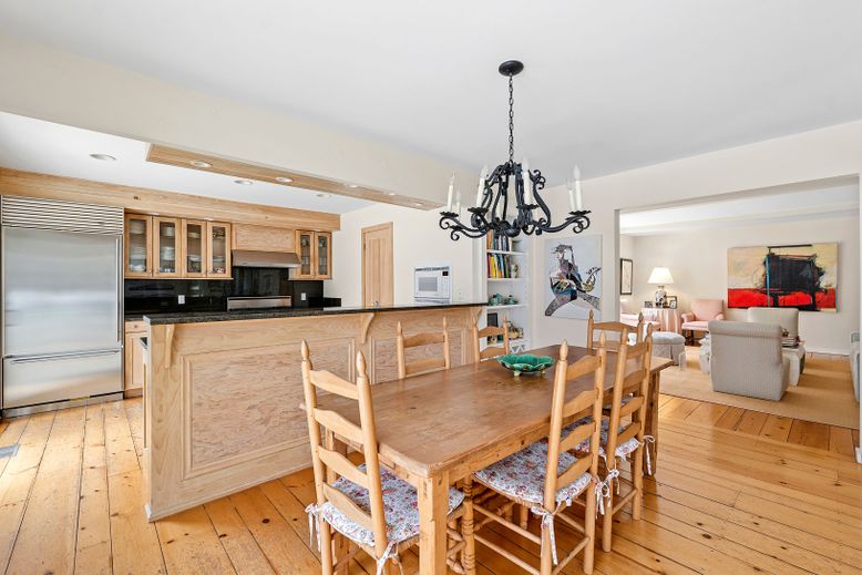 Chandelier, Dining room, Interior, Kitchen, Living room, Recessed Lighting, Stainless Steel Appliances, Wood Texture Flooring