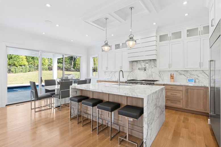 Dining room, Interior, Kitchen, Marble Walls, Pendant Lights, Recessed Lighting, Wood Texture Flooring