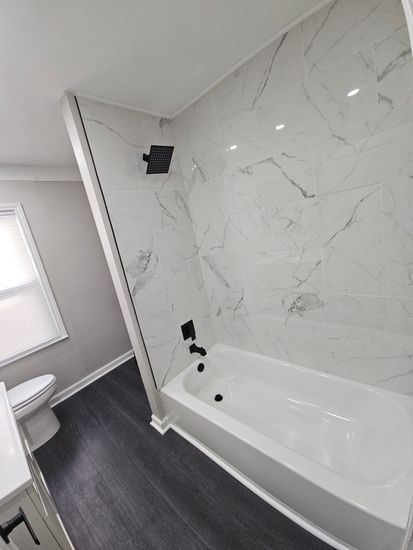 Bathroom, Interior, Marble Walls, Wood Texture Flooring