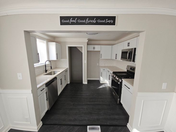 Interior, Kitchen, Stainless Steel Appliances, Wood Texture Flooring