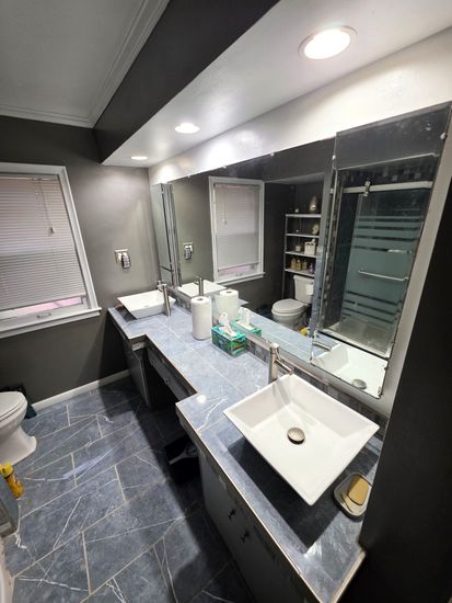 Bathroom, Dual Sink Vanities, Interior, Marble, Recessed Lighting