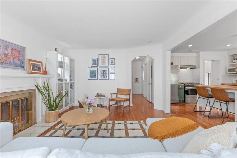 Fireplace, Interior, Kitchen, Living room, Recessed Lighting, Stainless Steel Appliances, Wood Texture Flooring