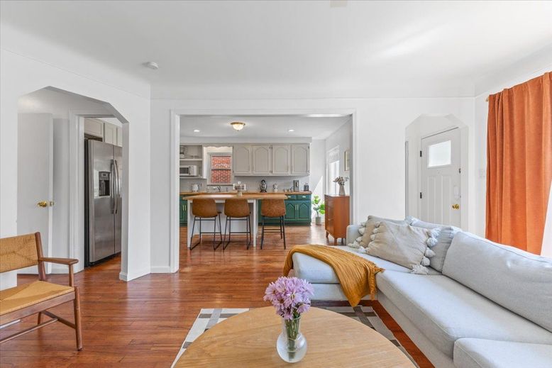 Dining room, Interior, Kitchen, Living room, Recessed Lighting, Stainless Steel Appliances, Wood Texture Flooring