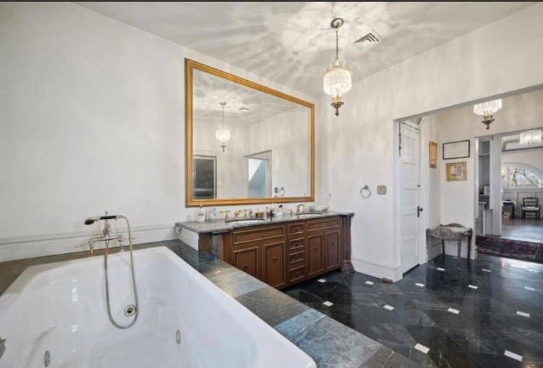 Bathroom, Chandelier, Dual Sink Vanities, Interior, Marble, Pendant Lights