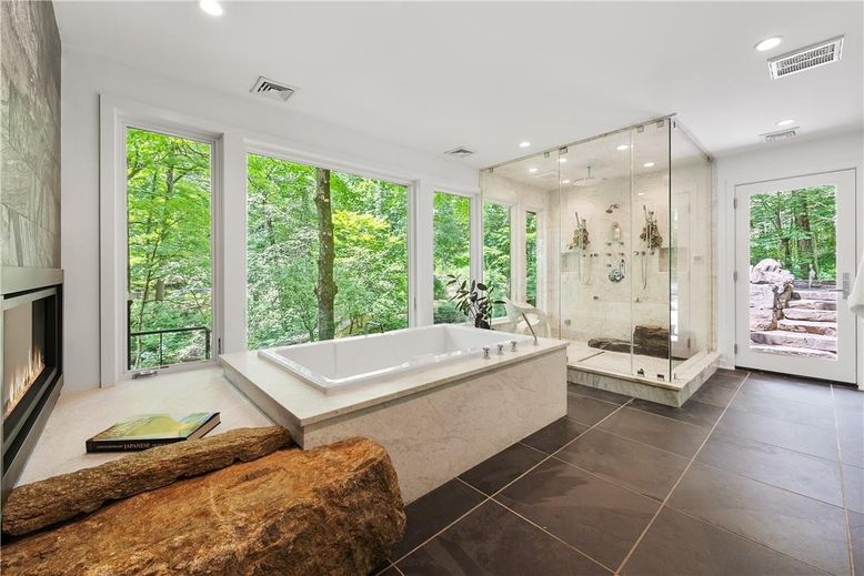 Bathroom, Fireplace, Glass Shower, Interior, Recessed Lighting