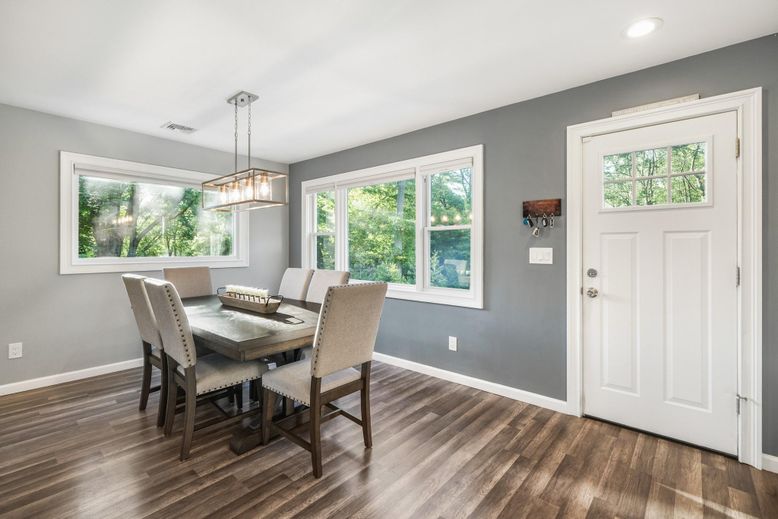 Dining room, Interior, Pendant Lights, Recessed Lighting, Wood Texture Flooring