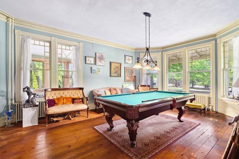 Billiard Table, Chandelier, Game Room, Interior, Pendant Lights, Wood Texture Flooring
