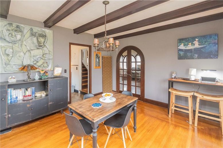 Chandelier, Dining room, Interior, Wooden Beams, Wood Texture Flooring